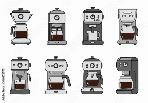Diverse Coffee Brewing Equipment Illustrations in Flat Design Style, Featuring Various Coffee Makers and Appliances for Home or Commercial Use