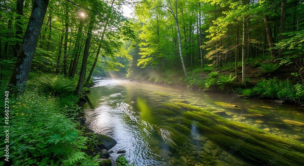Obraz premium Sunlit river flows gracefully through a vibrant green forest evoking nature's tranquility