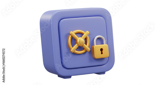3D illustration of a secured safe with a golden lock and dial security system