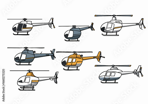 Diverse Cartoon Helicopter Vector Illustrations Set for Aviation, Air Transport, Emergency Services, and General Travel Concepts