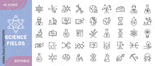 Science Fields Icon – Biology, Chemistry, Physics, Astronomy, Mathematics, Technology, Research, Medicine, Engineering, and Education Symbols in Modern Line Style