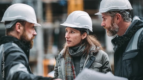 Construction workers confer over blueprints outdoors