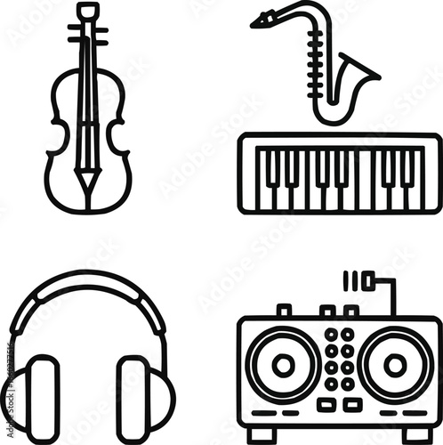 Minimalist Musical Instrument Outline Icon Set, Editable Vector Pack