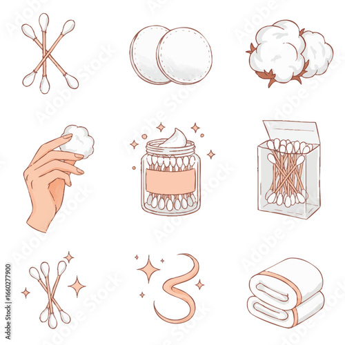This collection of hand-drawn illustrations showcases various cotton-based hygiene and beauty products, emphasizing softness and personal care essentials.