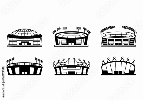 Diverse Sports Stadium Icons Set: Black and White Illustrations of Modern Arenas for Games and Events