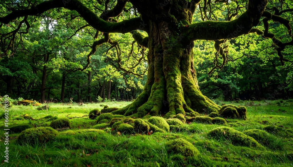 Obraz premium A sprawling ancient tree with moss-covered roots rests in a sunlit clearing, surrounded by lush green foliage.