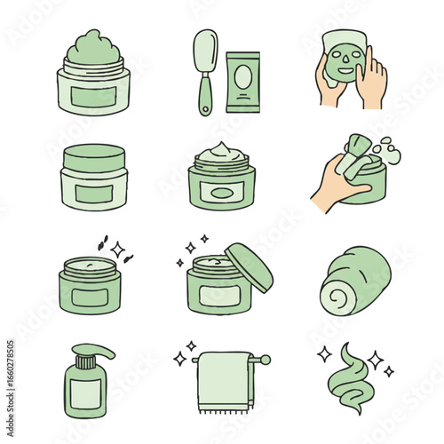 A comprehensive collection of hand-drawn green icons illustrating various skincare products, beauty routines, and spa treatments for personal wellness.