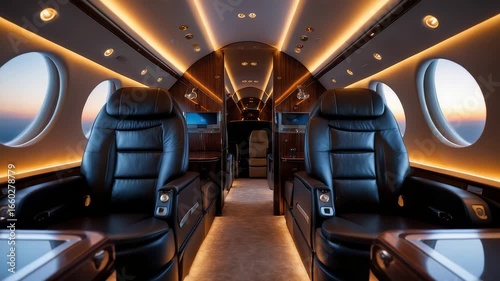 Luxury Private Jet Interior with Leather Seats Windows Sunset View Cabin