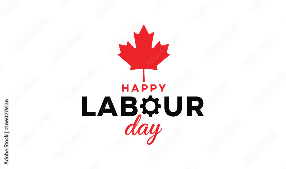 Fototapeta premium Celebratory Canadian Labour Day message features a vibrant maple leaf and cogwheel element