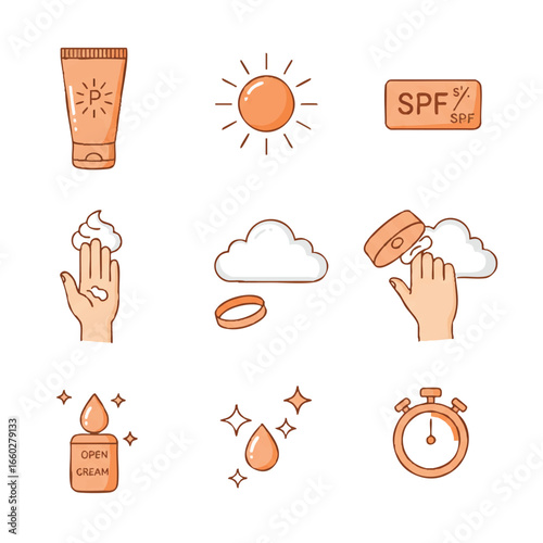 A comprehensive set of minimalist icons illustrating various aspects of sun protection, SPF application, and skincare routines for health-conscious individuals.