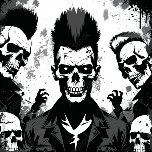 Edgy punk skull illustration in black and white with rockabilly hairstyle, perfect for t-shirt design, tattoo art, album cover, streetwear branding, and gothic poster graphics