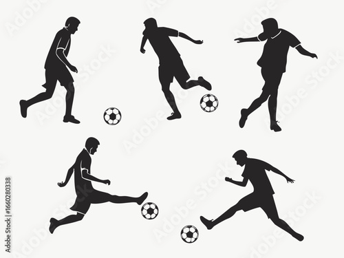 Silhouette of Soccer Players Kicking a Ball in Various Poses