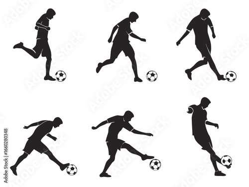 Silhouette of Soccer Players Kicking a Ball in Various Poses