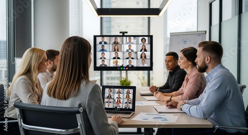 Diverse Business Team Engaged in Hybrid Video Conference Meeting in Modern Office Environment, Collaborating Globally