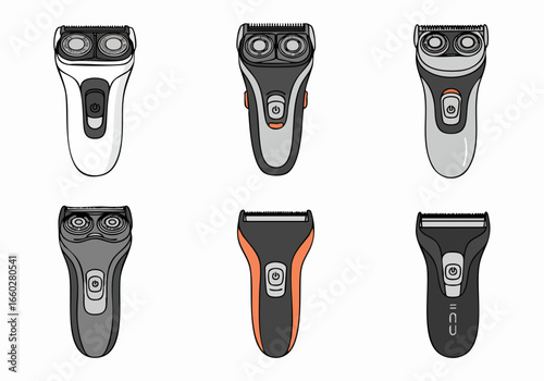 Collection of diverse electric shavers and trimmers, depicted in a modern flat design style on a white background, suitable for grooming and hygiene concepts.