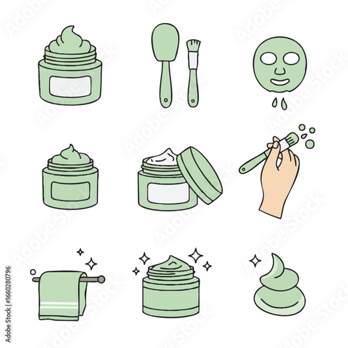 Minimalist green and beige line art icons showcasing various skincare products, beauty tools, and wellness routines for personal care.