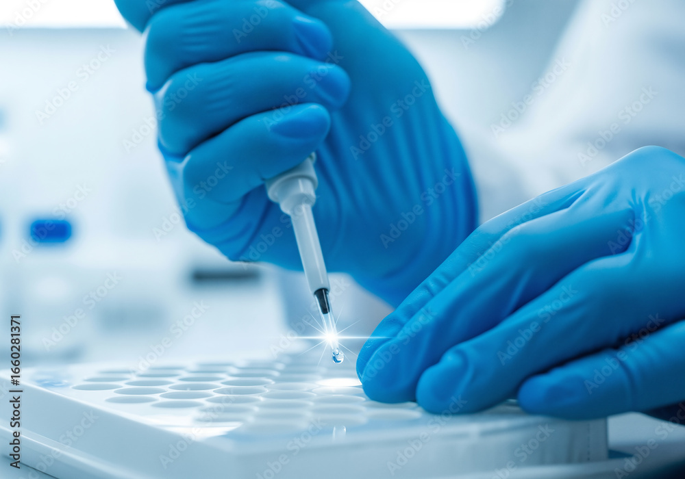 Fototapeta premium Scientist's hands with micropipette in a research lab
