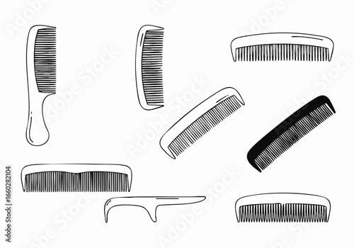 Hand-drawn collection of various hair combs and styling tools in a black and white doodle style.