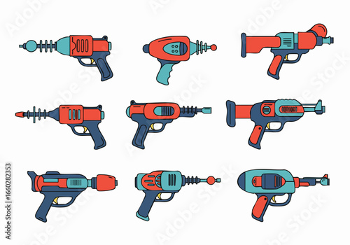 Collection of Colorful Retro-Futuristic Ray Guns and Blasters - Cartoon Sci-Fi Weapons and Space Age Toys for Vintage Gaming and Comic Designs