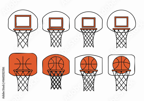 Set of Hand-Drawn Basketball Hoops and Nets with and without Balls, showcasing various backboard designs, isolated on white.