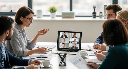 Diverse Business Professionals Collaborating in a Modern Office Setting with a Hybrid Video Conference Meeting