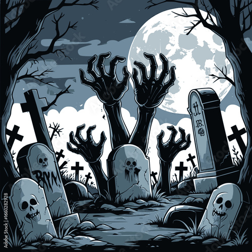 Scary zombie hand rising from the grave in a spooky cemetery under the full moon, horror cartoon illustration perfect for Halloween poster, punk album cover, tattoo design, gothic streetwear t-shirt, 