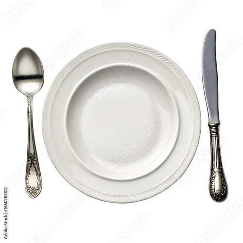 fork and spoon on plate transparent background