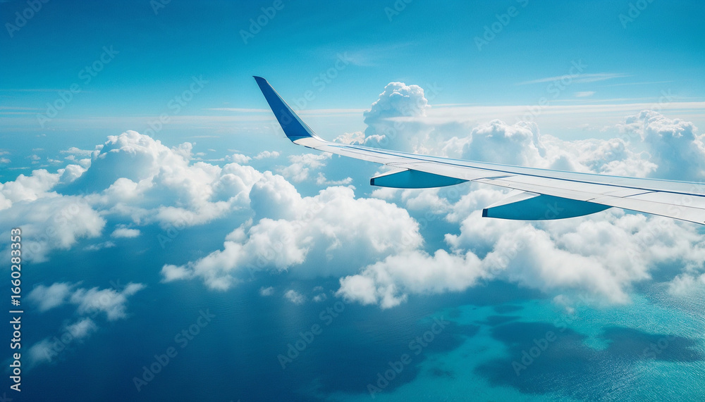 Fototapeta premium Airplane wing view over tropical ocean with scattered clouds and vibrant blue waters.