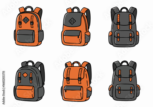 Vibrant Cartoon Backpacks Set: Orange and Grey Designs for Outdoor Exploration and Everyday Use.