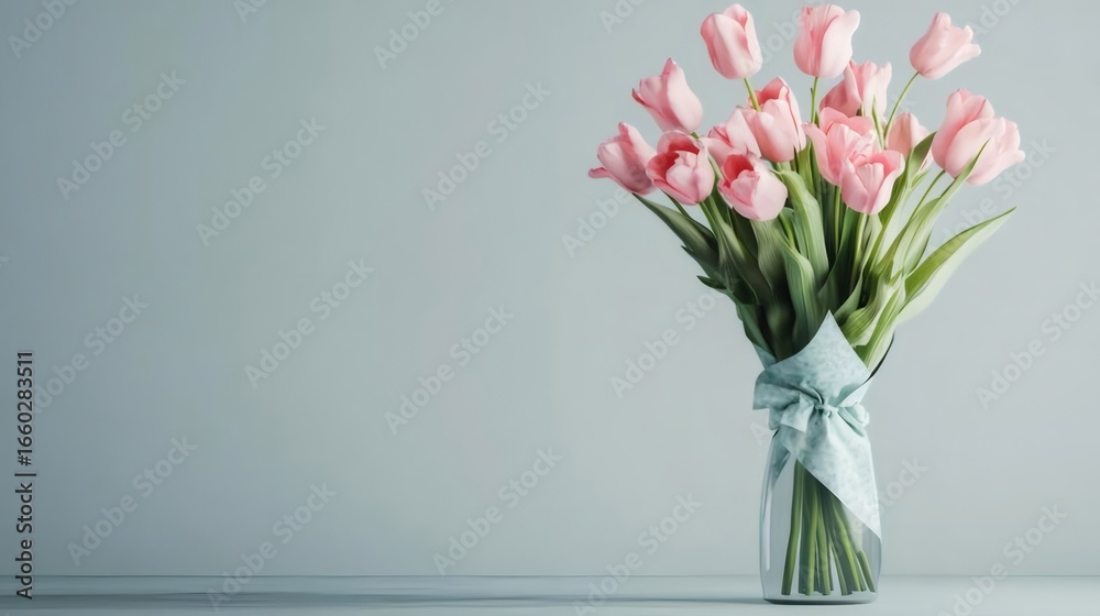 Fototapeta premium ピンクのチューリップの花束 水色のリボン付き透明なガラス花瓶 優しい背景