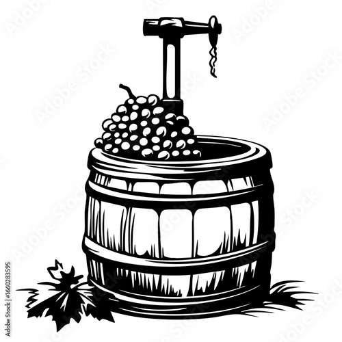 Vintage grape press with barrel showcasing traditional winemaking techniques and grape harvesting