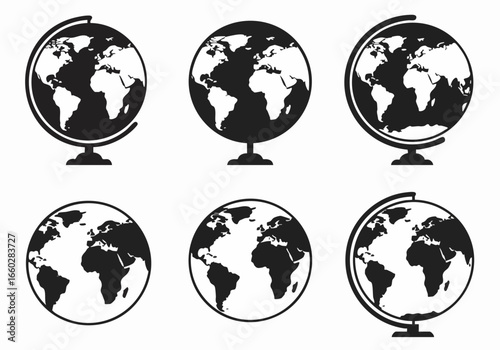 Monochrome Collection of Earth Globes and World Map Icons, Depicting Global Communication, Travel, and Education Concepts.