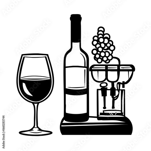 Wine bottle, glass, and grape press illustrating a wine-making experience at a vineyard during sunset hours