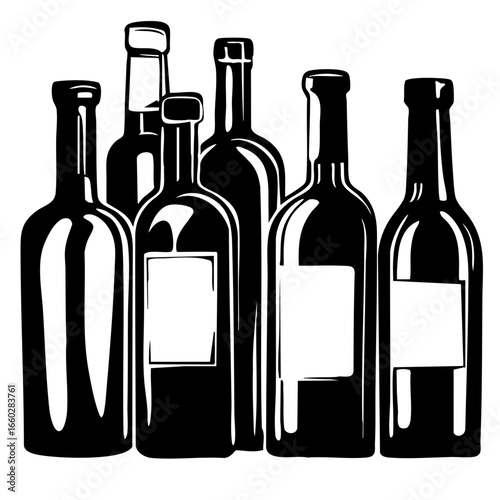 Various black vector wine bottles lined up showing different shapes and sizes for design projects and illustrations
