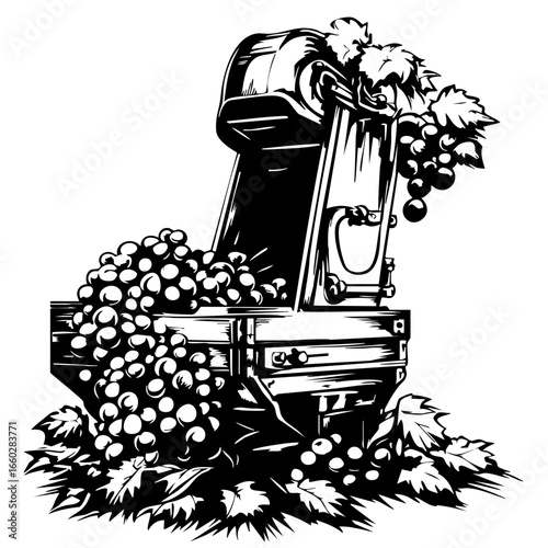 Vintage grape harvester with overflowing grapes and leaves during the grape harvest season