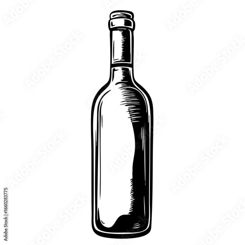 Stylized black vector illustration of a wine bottle featuring detailed contours and texture, ideal for culinary designs