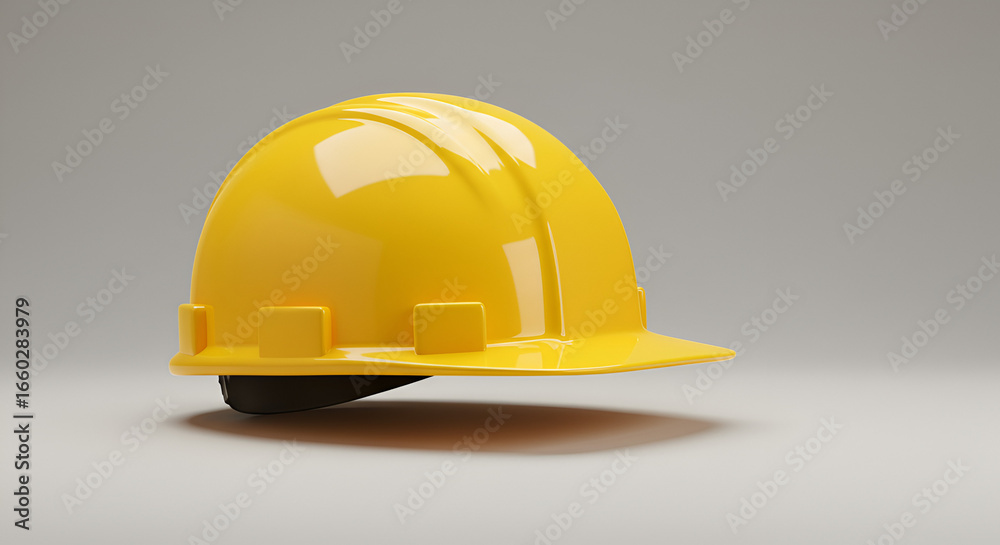 Fototapeta premium A bright yellow hard hat resting on a neutral surface symbolizing safety first