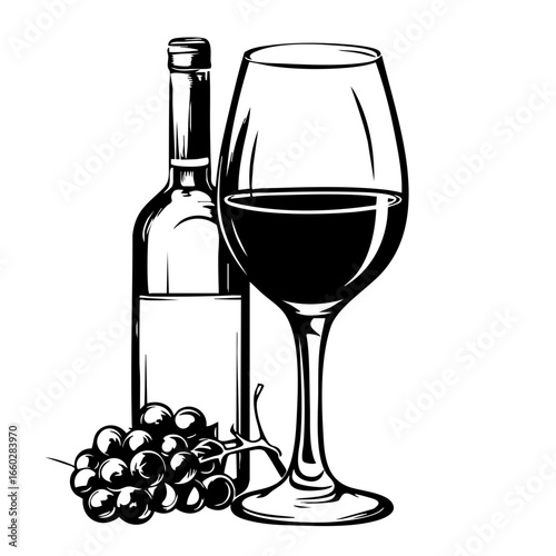 Elegant wine glass beside a bottle and a bunch of grapes showcasing a classic wine theme