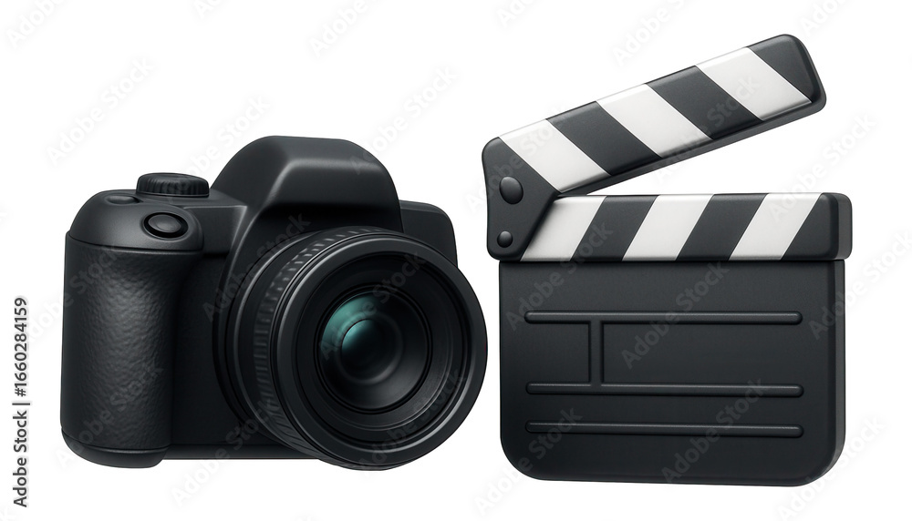 Fototapeta premium 3D icon set of media elements including a camera and clapperboard.