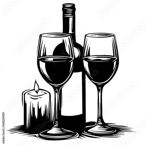 Enjoying an intimate evening with wine and candlelight featuring two glasses and a bottle of red wine