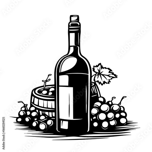 Wine bottle and grapes with barrel showcasing the essence of vineyard harvest