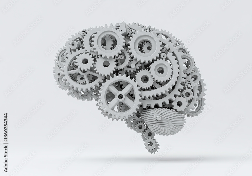 Obraz premium Mechanical Brain Gears on White Background Mockup Intelligence
