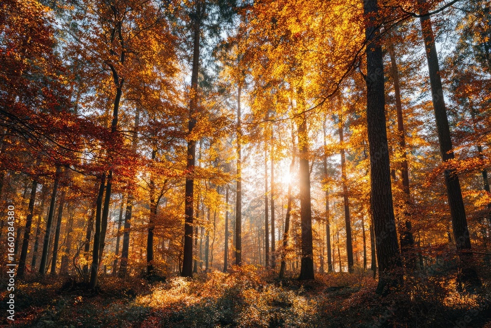 Fototapeta premium Stunning Autumn Forest with Warm Golden Sunlight and Foliage