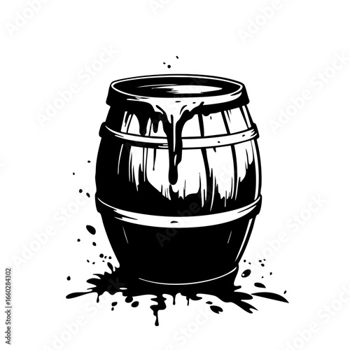 Stylized black vector illustration of a wooden barrel with dripping contents and splatters, representing rustic craftsmanship and brewing concepts