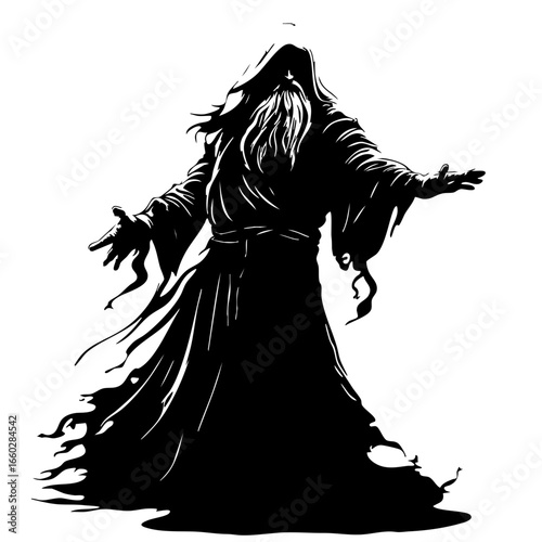 Dark figure in flowing robe with long beard extending arms outward in an expressive gesture conveying mystery and intrigue