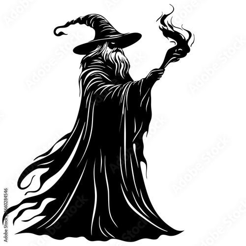 Enigmatic wizard in flowing robes wielding a torch, embodying mystery and magic in an ancient realm