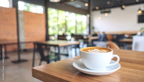 Wallpaper Mural A steaming cup of latte with beautiful coffee art on a rustic wooden table inside a cozy, inviting cafe, perfect for a relaxing morning or afternoon break Torontodigital.ca