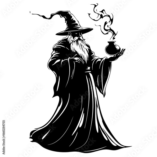 Mystical sorcerer with a wand conjuring magic and spells, wearing a traditional wizard hat in a fantasy setting