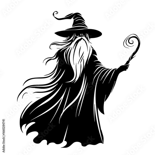 Mysterious wizard with flowing beard and staff casting spells in enchanting fantasy world