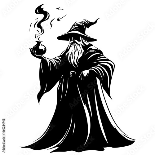Enigmatic wizard holding a potion with swirling smoke emanating from a cauldron in a mystical setting